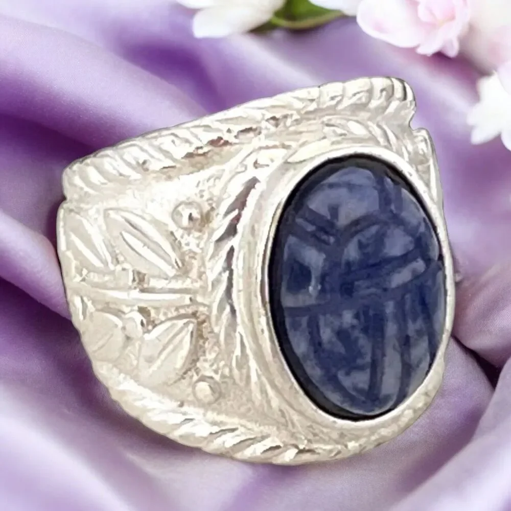 Vintage 1970s Ring Size 6 Egyptian Revival Scarab Blue Stone Gold Plated - 14S